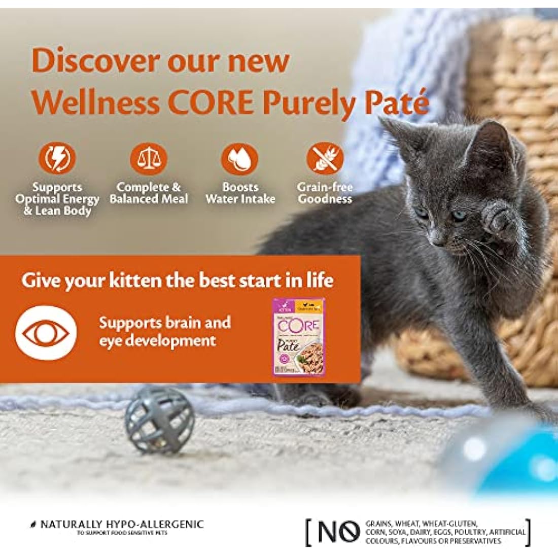 Wellness CORE Purely Paté Kitten, 24 x 85g, Chicken & Tuna, Kitten Food Wet, Smooth Cat Pate, All-Natural, Grain-Free, High Meat Content, Protein-Rich, Limited Ingredient Recipe