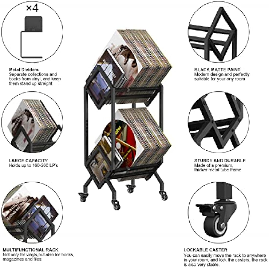 VEDECASA DJ Vinyl Record Storage Holder Rack LP Storage Display Stand with Casters Easy to Move Mobile Book Albums Storages Magazine Holder Office Files Organizer Shelf