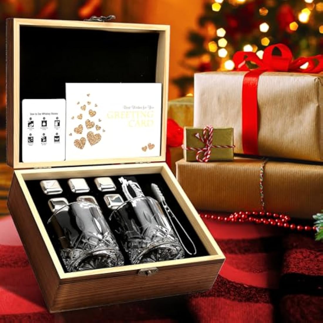 Whiskey Stones, Whiskey Glass Gift Set, Whisky Rocks Chilling Stones in Handmade Wooden Box– Cool Without Dilution – Whisky Glasses Set of 2, Gift for Dad, Husband, Men (Round2)