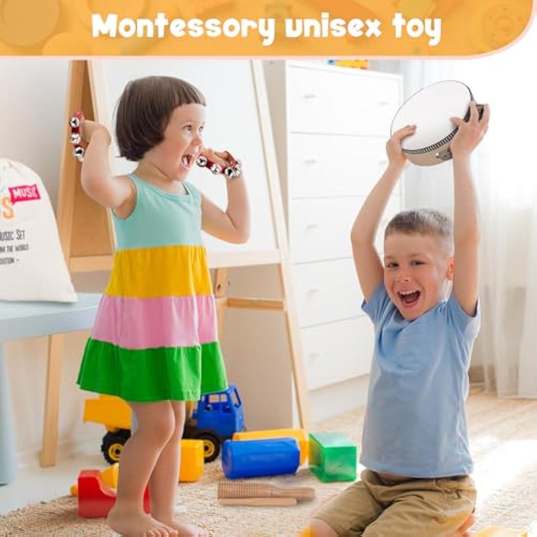 Stoie's Wooden Kids Musical Instruments for 1-9 years old, with Drum, Flute, Hand Bells, Cymbals, Castanets, Triangle, for Babies and Toddlers, Durable, Safe, Montessori Educational Toy, Storage Bag