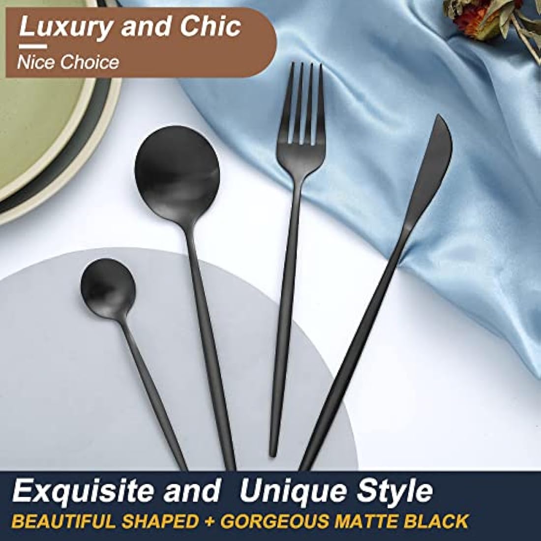 Matte Black Cutlery Sets 32 Pieces, Bestdin Elegant Stainless Steel Cutlery Set 32 Pieces, Kitchen Cutlery Set for 8, Suitable for Home/Party/Restaurant, Black Titanium Coating and Dishwasher Safe