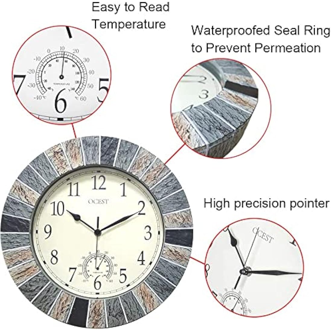 OCEST 13 Inch Garden Clocks Outdoor Waterproof, Large Retro Wall Clock with Thermometer Battery Operated Non Ticking Decorative for Patio Pool Kitchen