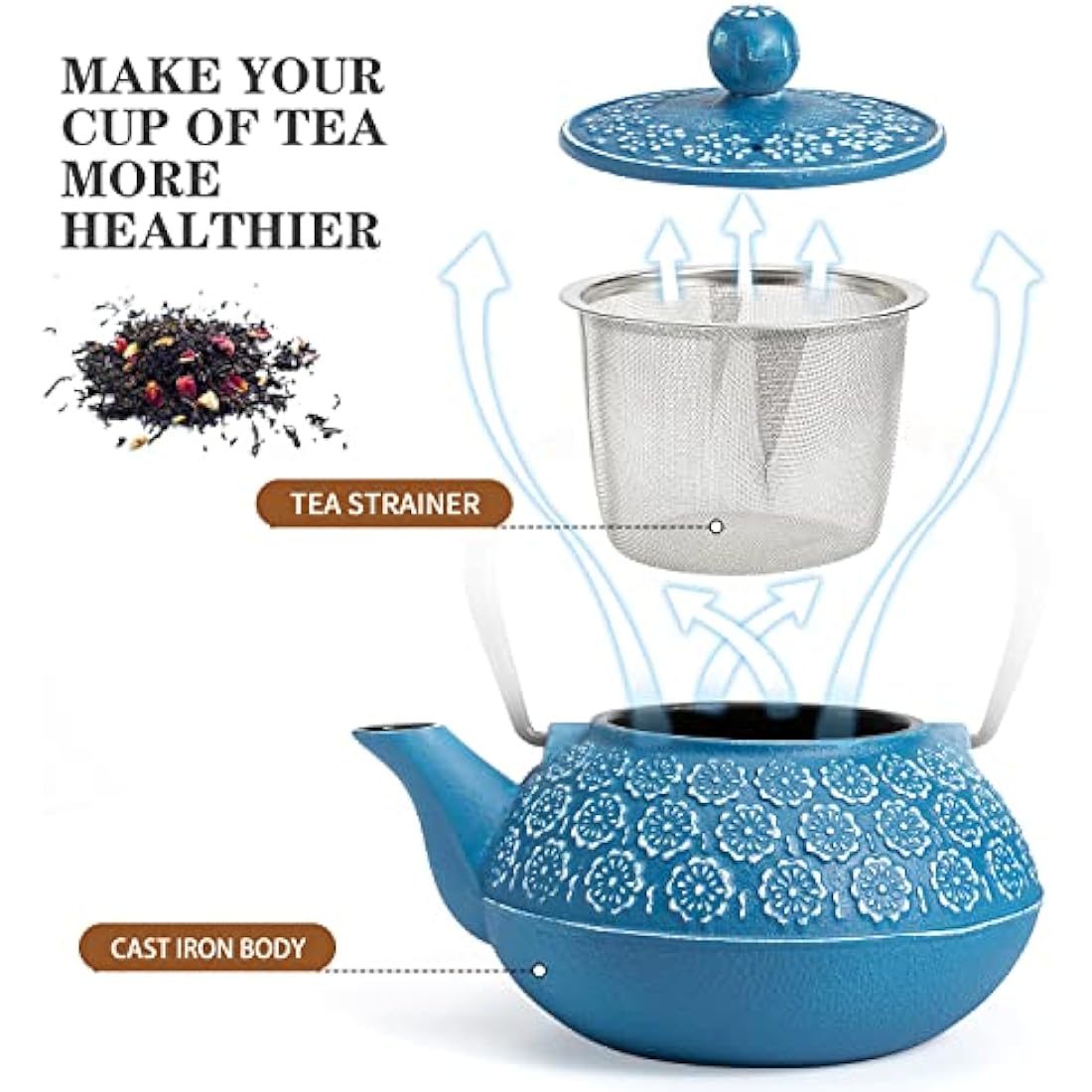 SUSTEAS Cast Iron Teapot, 900ml Tetsubin Japanese Tea Kettle with Infuser for Loose Leaf and Tea Bags, Tea Pot Coated with Enameled Interior, Dark Blue