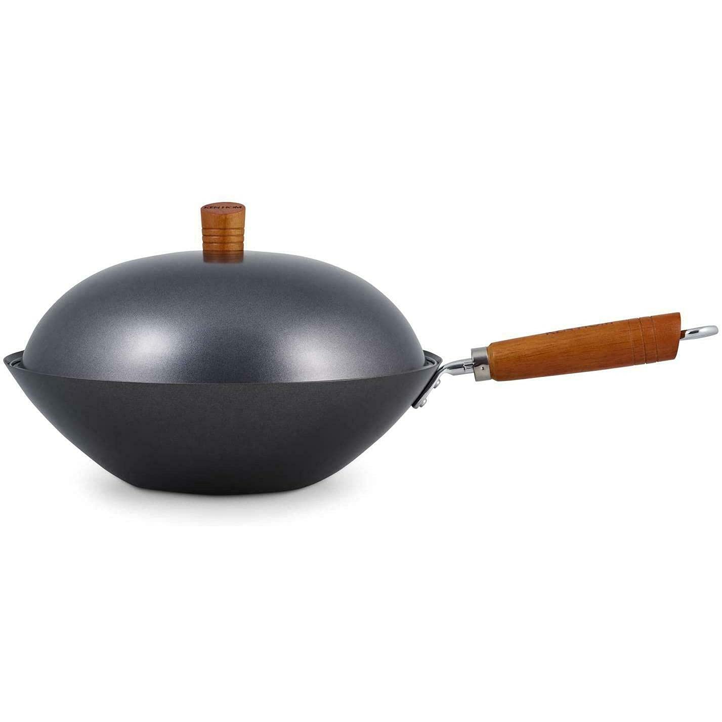Ken Hom Carbon Steel Wok Set, 31cm, Classic, Non-Induction/Wooden Handle/Flat Base Pan, Includes Wok Pan with Lid, Wooden Wok Utensils & Recipe Book,