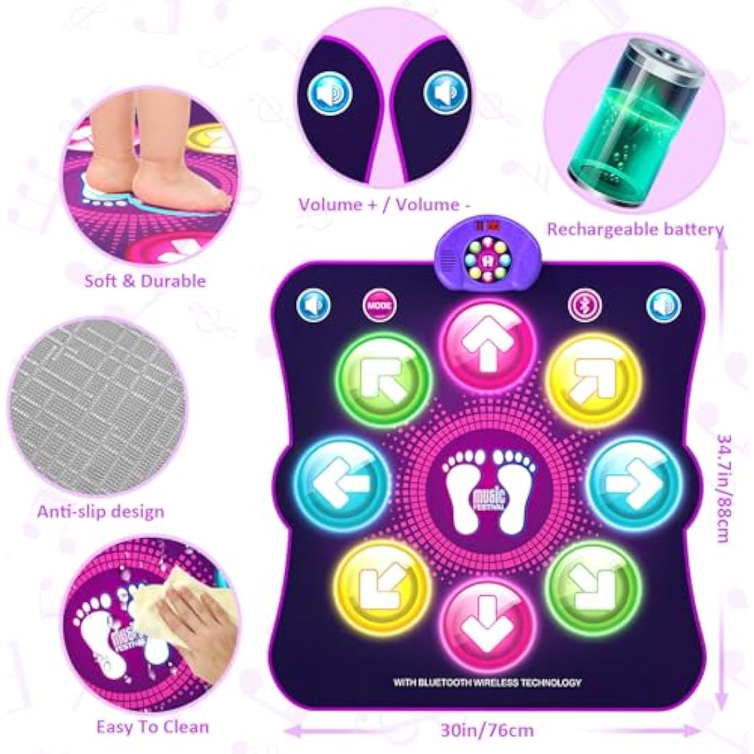LEAPRCSTORE Light Up Dance Mat for Girls, Rechargeable Dance Pad Toys Gifts for 3 4 5 6 7 8 9 10+ Year Old Kids, Music Dance Play Mat with 6 Game Modes & Wireless Bluetooth, Christmas Birthday Gifts