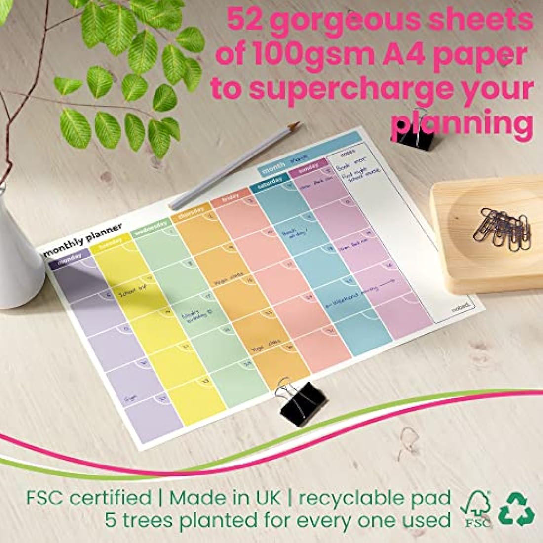 Monthly Planner Pad – A4 Undated Calendar and Scheduler – 52 Journal Sheets with Colour Coded Days and Notes area. For work home and study revision – 100gsm paper (Single Pack)