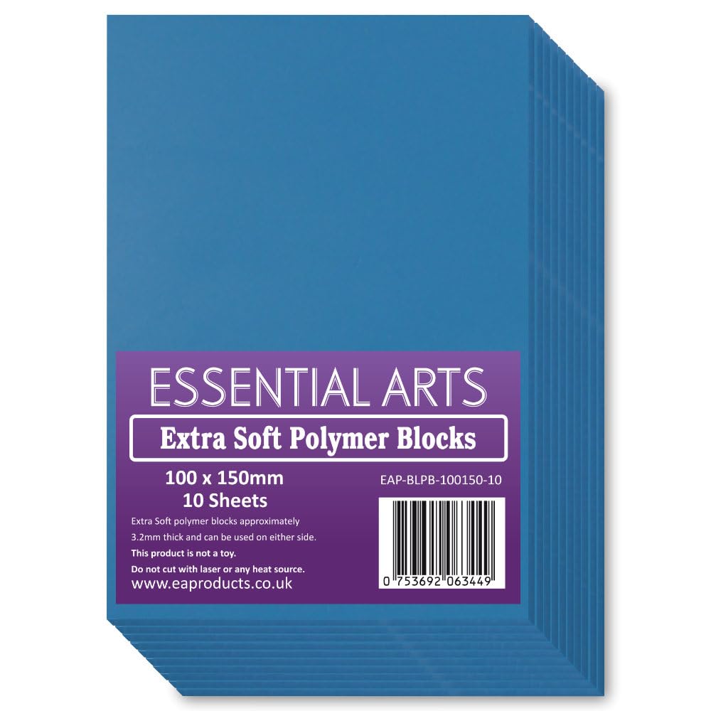 Extra Soft 100 x 150mm Double Sided Blue Polymer Blocks Pack of 10 ? 3.2mm Super Soft Printing Sheets for Easy Lino Carving Art and Craft ? by