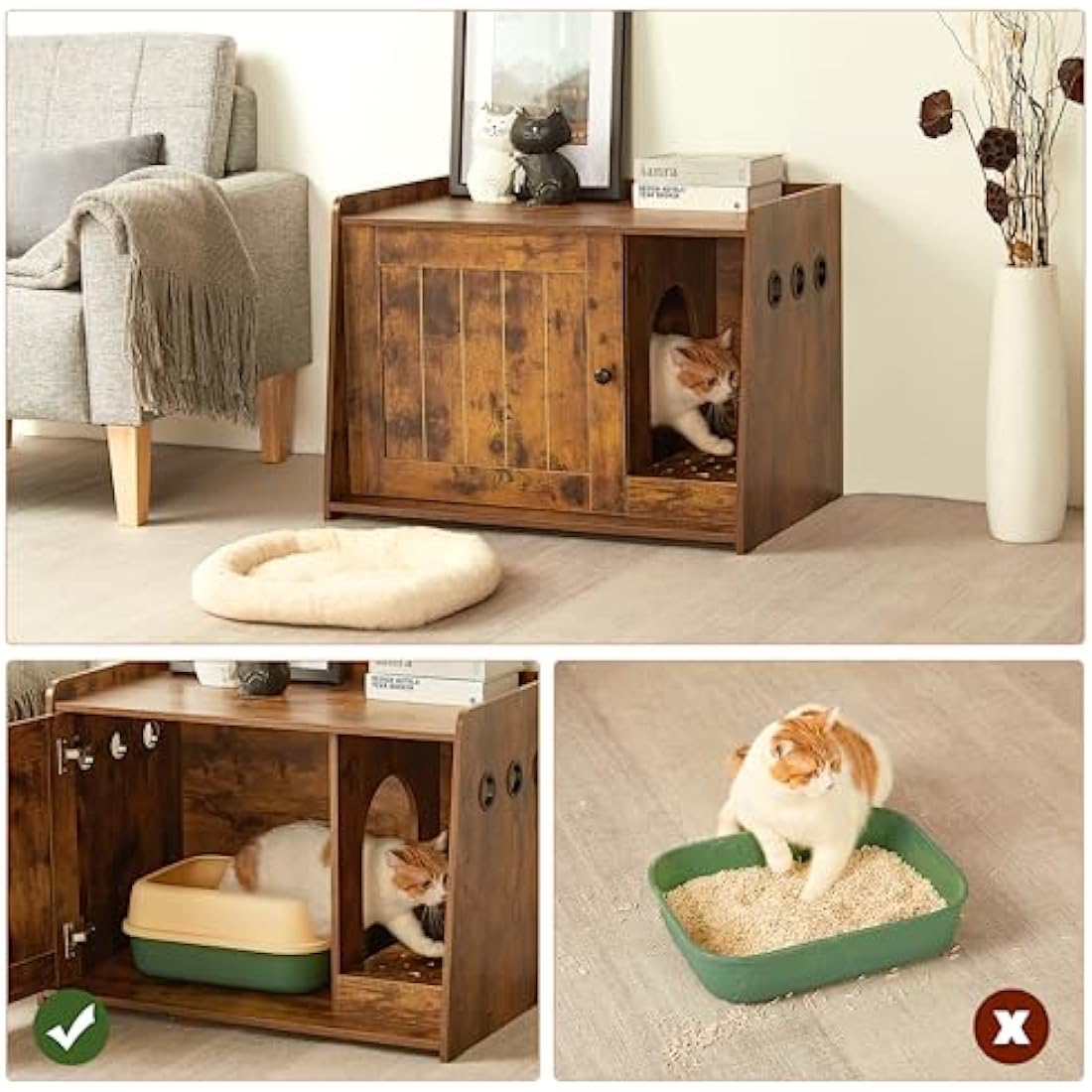Mondeer Cat Litter Box Enclosure, Wooden Kitty Hidden Washroom Toilet with Door and Holes, Industrial Indoor Cat Houses for Living Room Bedroom Hallway, Rustic Brown