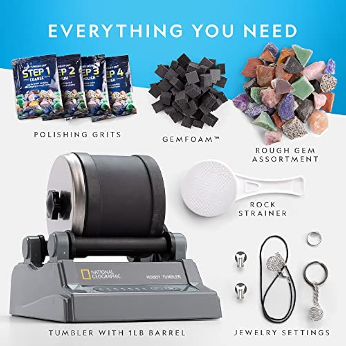 NATIONAL GEOGRAPHIC Hobby Rock Tumbler Kit - Rock Polisher for Kids & Adults, Durable Noise-Reduced Barrel, Rocks, Grit & New GemFoam for a Shiny Finish, Cool Toys, Great STEM Hobby Kit