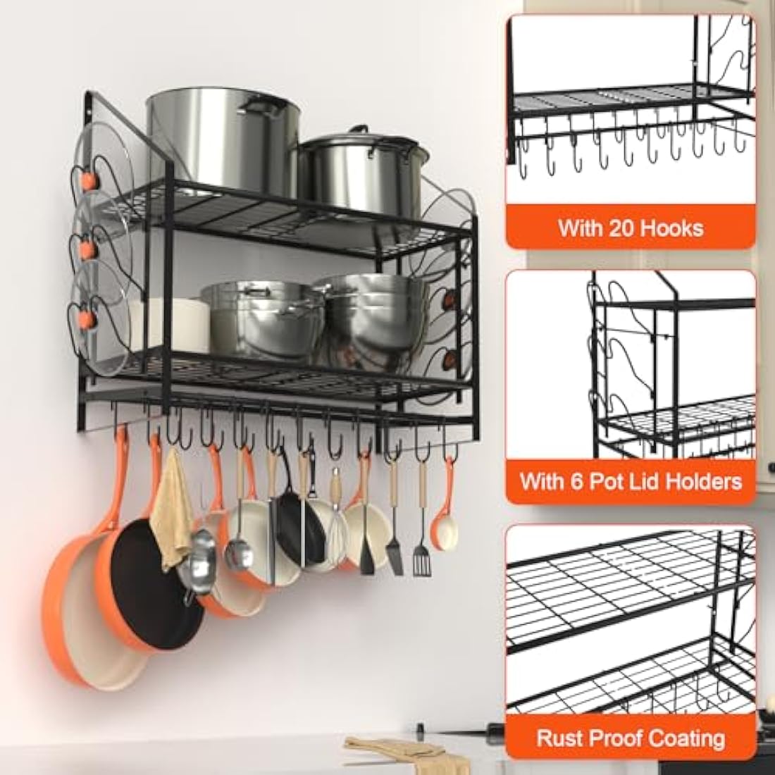 VyGrow 35 Inch Pot Rack Wall Mounted, 2 Tier Pots and Pans Organizer with 20 Hooks and 6 Pot Lid Holders, Heavy Duty Steel Pot and Pan Hanger for Kitchen Cookware Utensils Storage 34.7" Lx13 Wx26.4 H