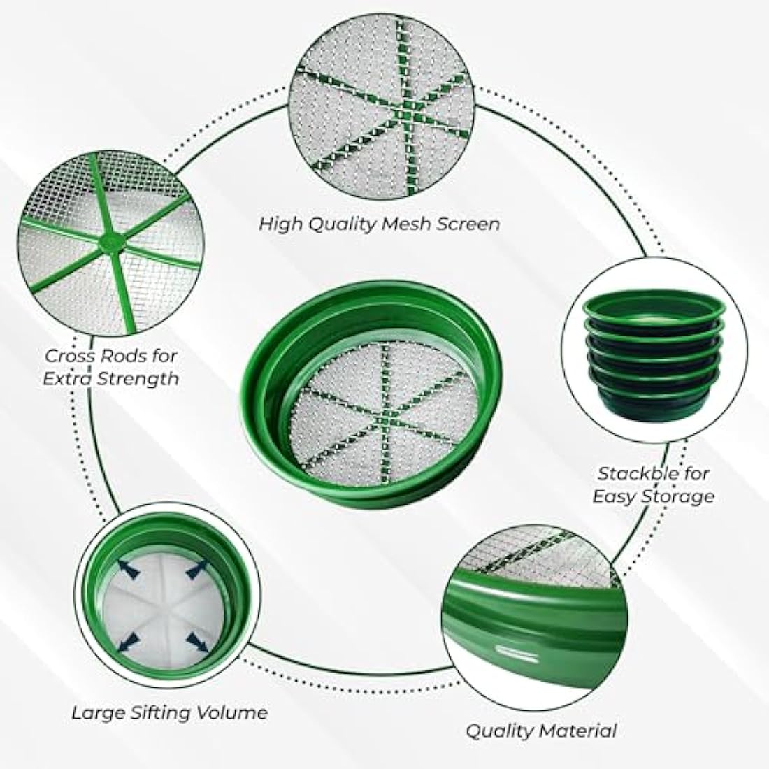 SE 13 1/4 Inch Stackable Classifier Gold Prospecting Pan Set - Includes 1/2" 1/4" 1/8" 1/12" and 1/20" Stainless Steel Mesh Sifting Pans, Green, 5 Pack