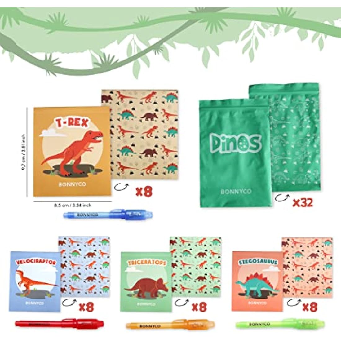 BONNYCO Invisible Ink Pen and Notebook, Pack 32 Dinos Party Bags Filler & Pinata Toys | Dinos Birthday Decorations | Stocking Fillers for Kids Birthday | School Prizes & Gifts for Children