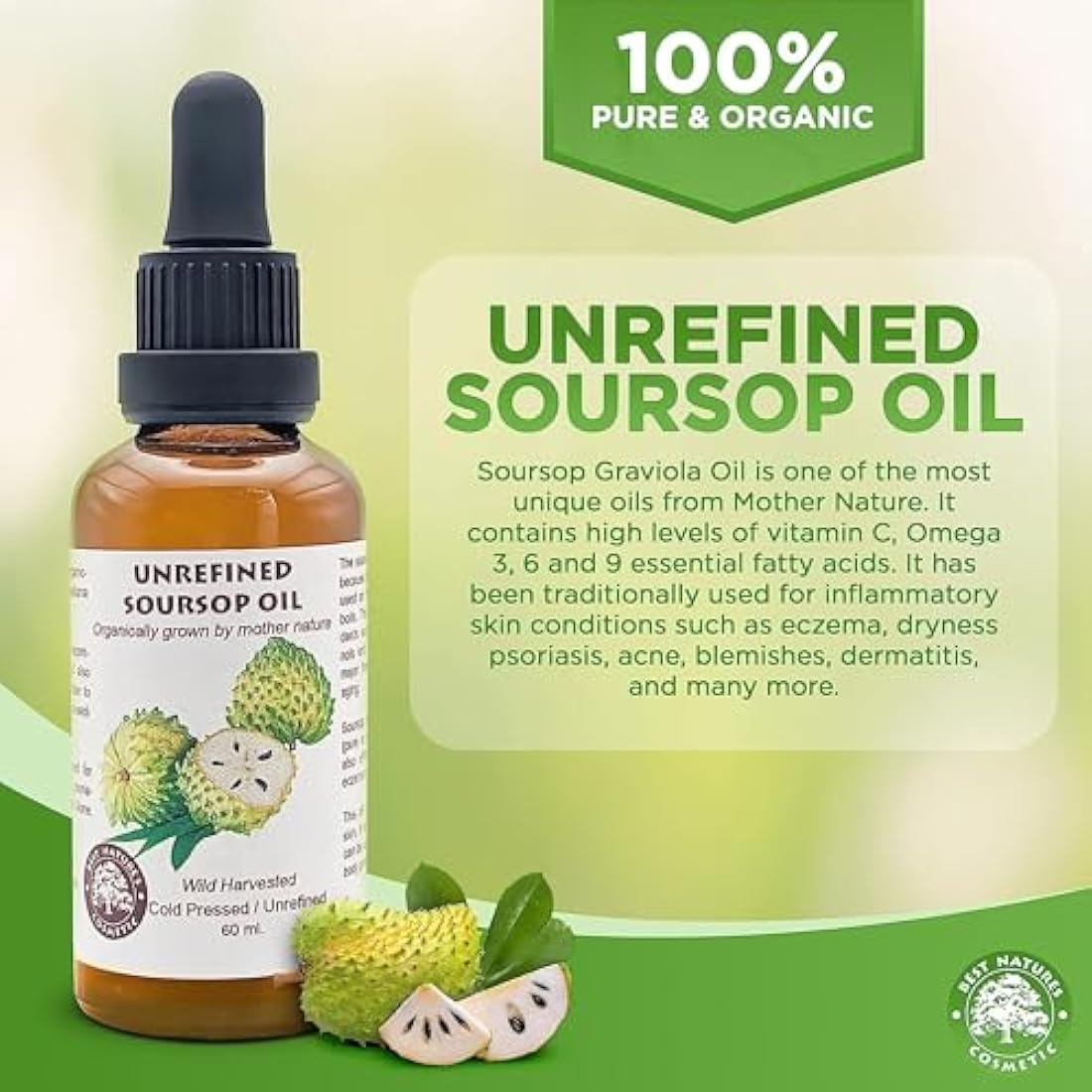 Virgin Organic Soursop Oil (Graviola/Guanabana) – Cold Pressed, Unrefined, Undiluted, 4 fl oz 120ml | Skin & Hair Care