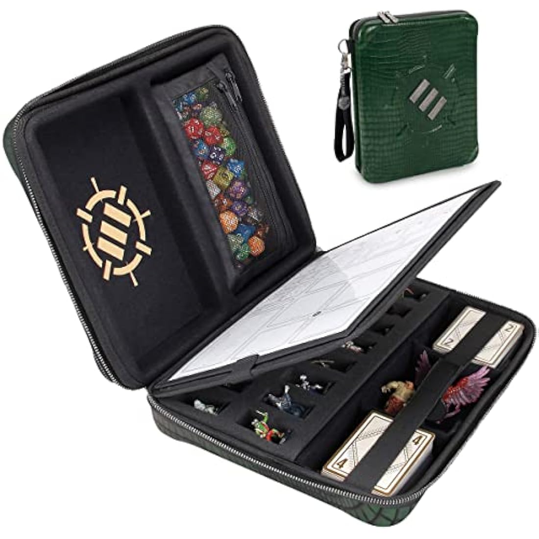 ENHANCE Collector's Edition RPG Organizer Case - DnD Binder with Built-in Character Sheet Holder and Erasable Scribe Panel, Dice Rolling Area, Removable Pen Pouch, Miniature Foam Tray (Dragon Green)
