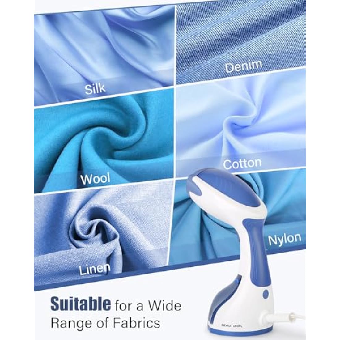 BEAUTURAL Clothes Steamer, Portable Handheld Garment Fabric Wrinkles Remover, 30-Second Fast Heat-up, Auto-Off, Large Detachable Water Tank, Dark Blue