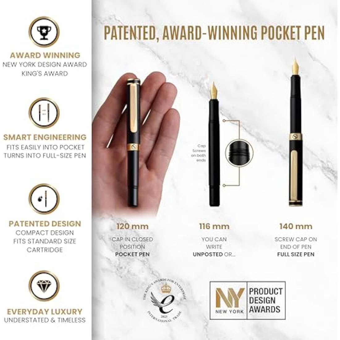 Scriveiner Luxury EDC Fountain Pen (Fine), Stunning Black Pocket Pen, Real Gold Plating, Schmidt Gilded Nib, Converter, Best Writing Pen Gift Set for Men & Women, Nice Fancy Office Designer Pen