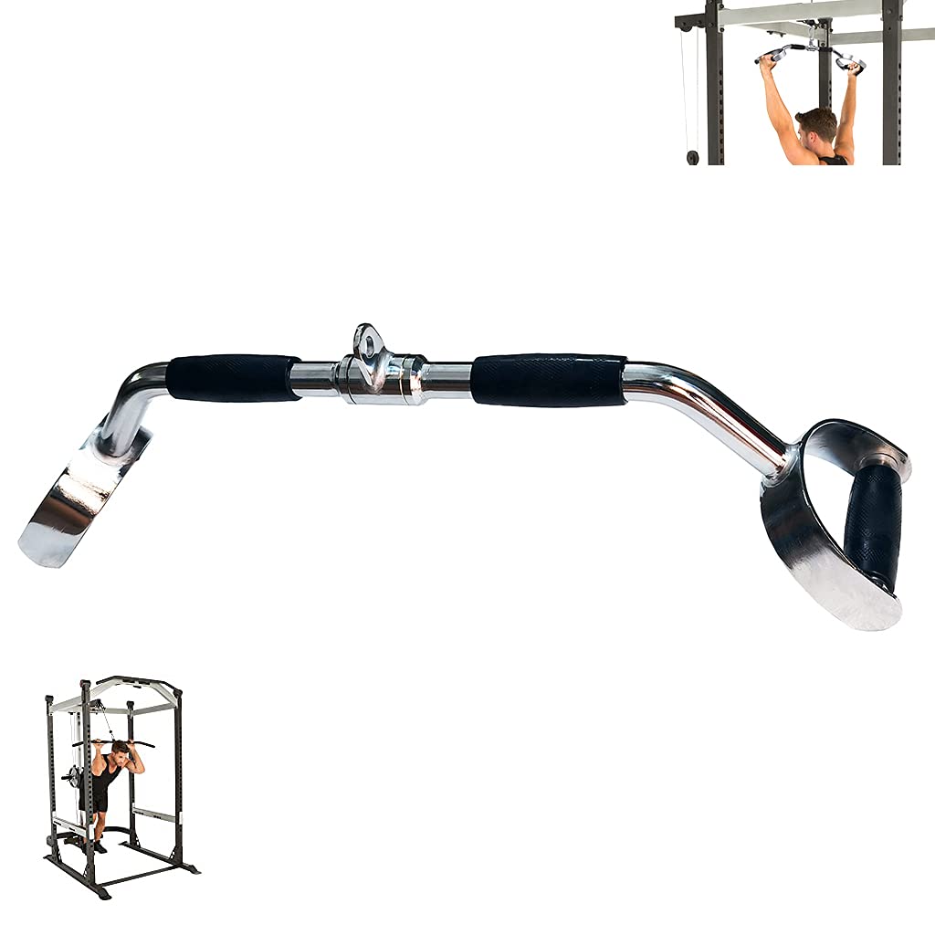 Press Down Bar Cable Attachment LAT Pull Down Bar Pull Down Machine Attachments V-shaped Bars with Rubber Handgrips & Revolving Hanger (28 Inch Bar)