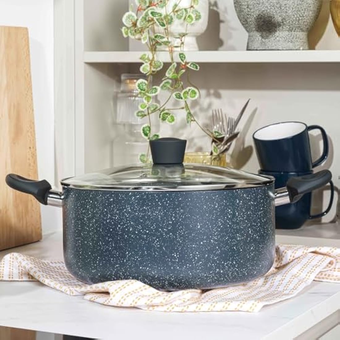 Russell Hobbs RH03410EU7 Nightfall Stone 28cm Stockpot - Non-Stick Saucepan, Tempered Glass Lid, Induction Safe, Durable Aluminum Cookware, Soup Pan, Easy Clean