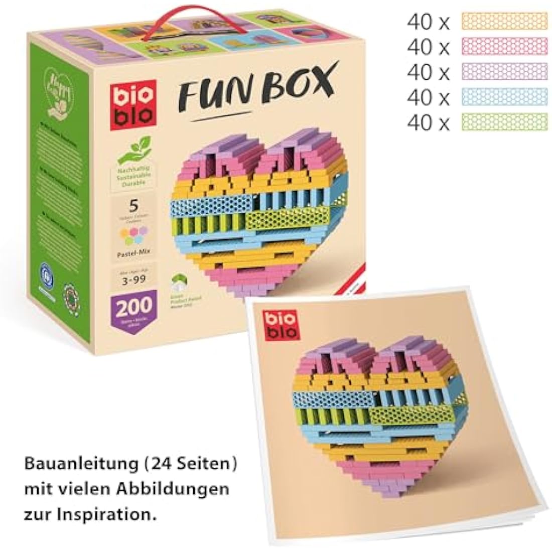 bioblo Funbox Pastel Mix 200 pieces | Sustainable colorful building blocks for children from 3 years | Wooden building blocks children's toys | STEM Montessori toys for stacking & balancing toy
