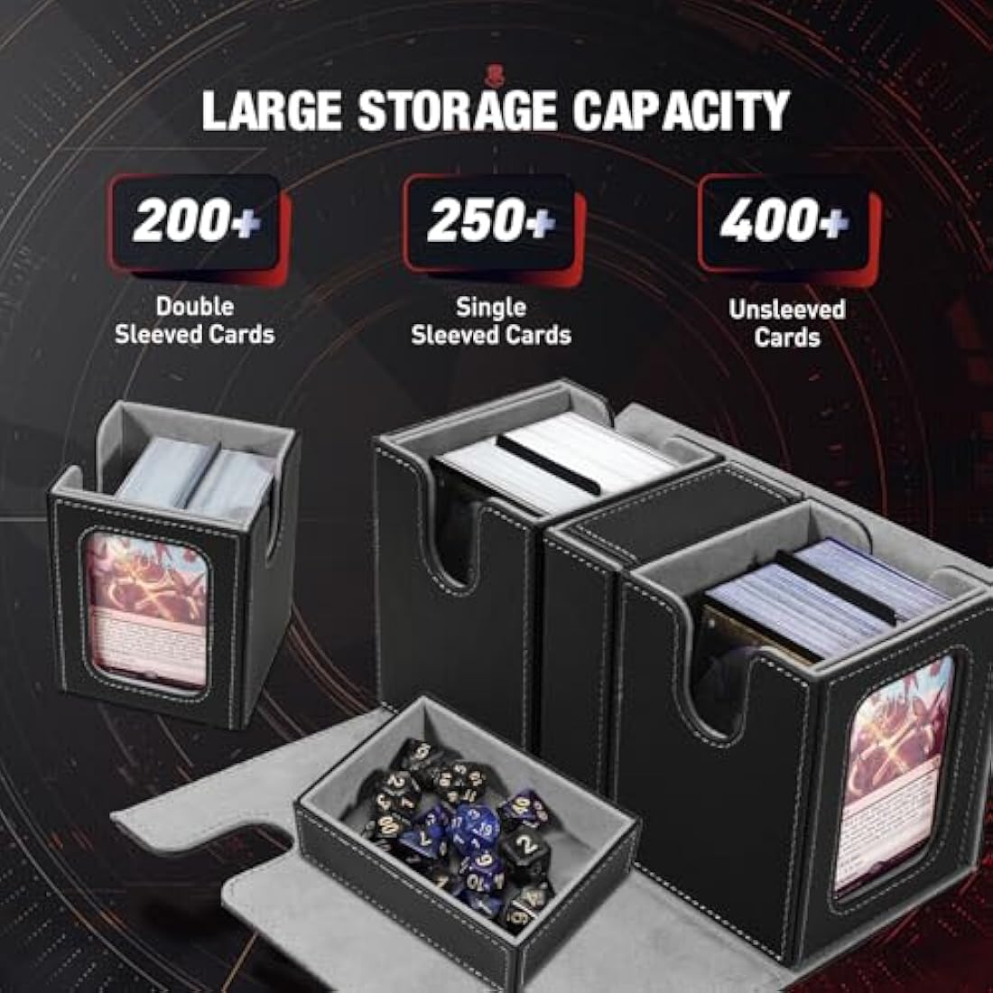 TiMOVO MTG Commander Deck Box, Magnetic Leather Card Deck Case Fits 200+ Double-Sleeved Cards, Card Box with 2 Commander Display & 4 Dividers & Dice Tray Fit YuGiOh TCG CCG Magic Cards, Black & Gray