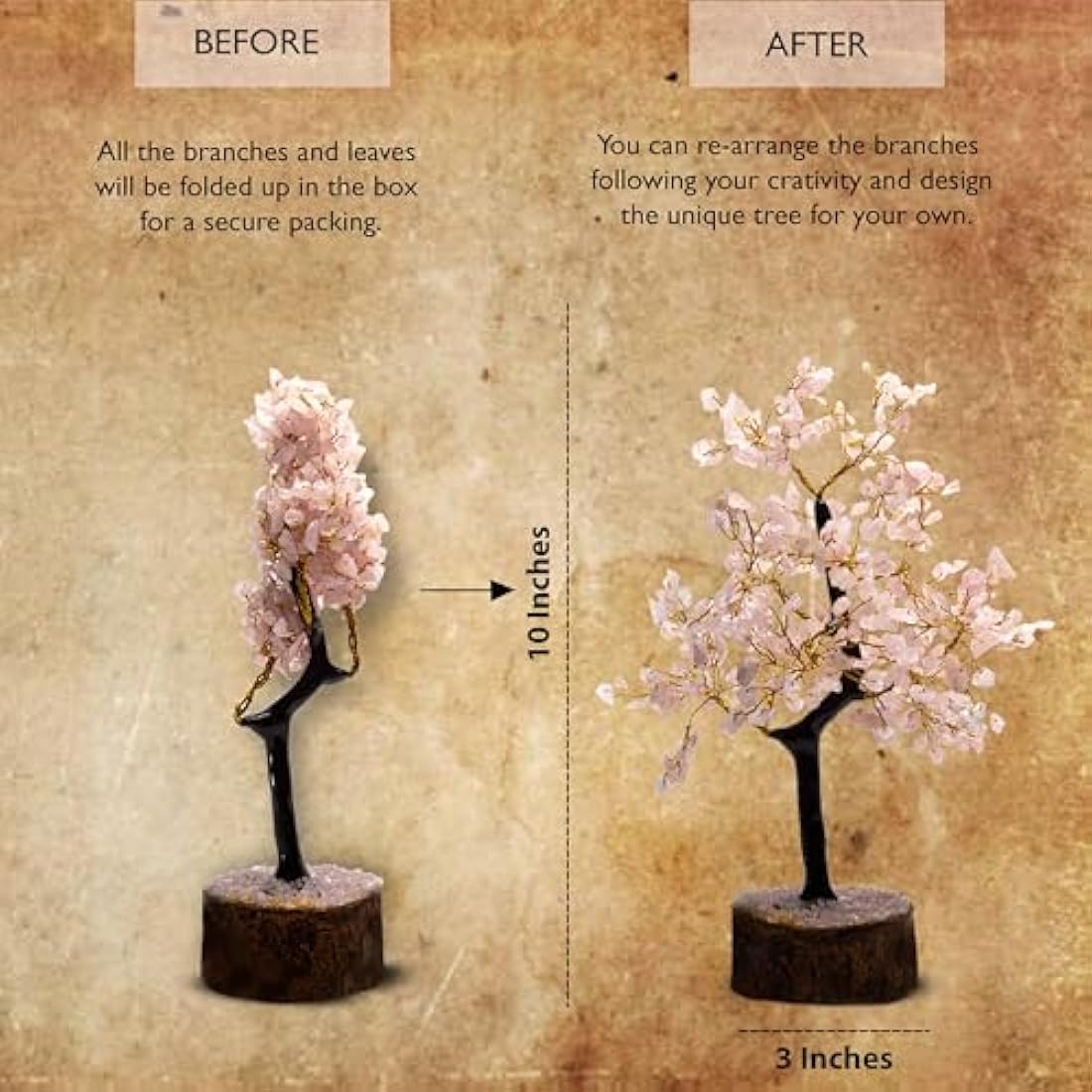 Wonder Care WC Rose Quartz Crystal Tree for Positive Energy, Home Decorations and Healing with M-Seal & Golden Wire | Money Decor Pink Feng Shui (300 Beads)…, quartz_Mseal_Tree