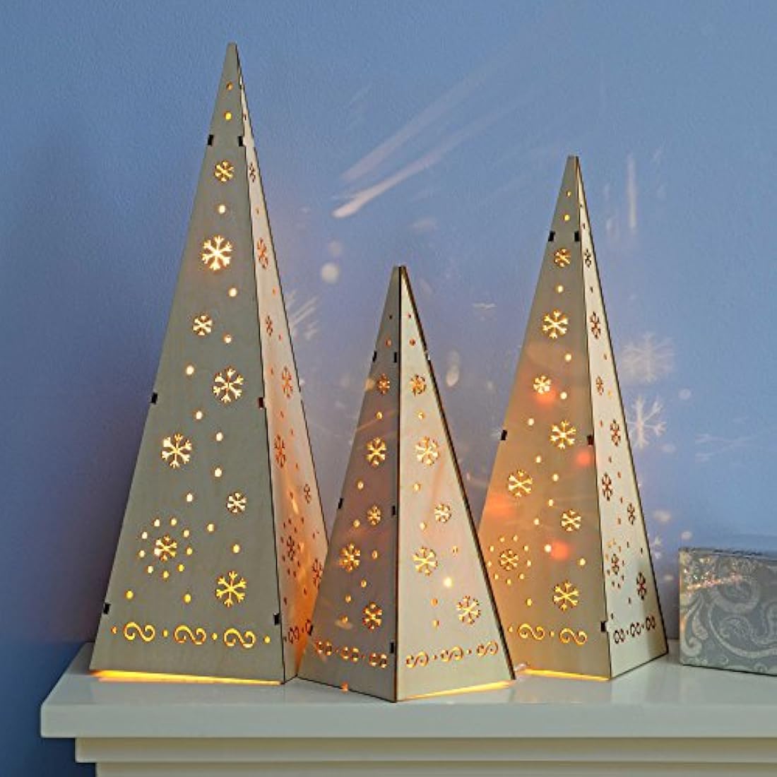 WeRChristmas Wooden Pyramid Christmas Trees with Warm White LED Lights Decoration - Multi-Colour, Set of 3
