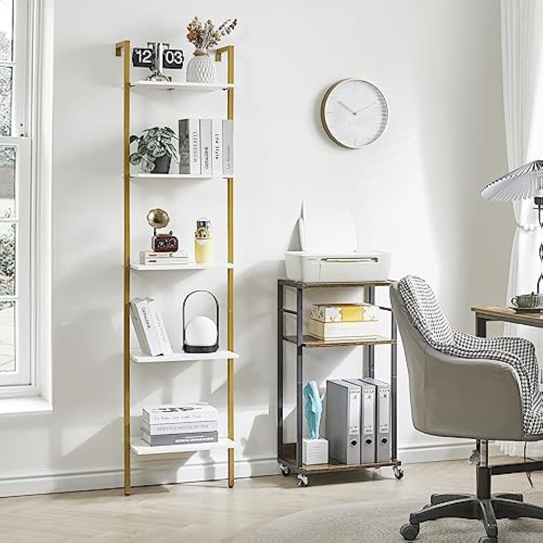 YMYNY Bookshelf Wall Mounted, Ladder Shelf, 5-Tier Bookcase Rack, Storage Unit with Metal Frame, Industrial Floating Wall Shelf for Living Room, Kitchen, Office, 40×30×178CM White HBC015W