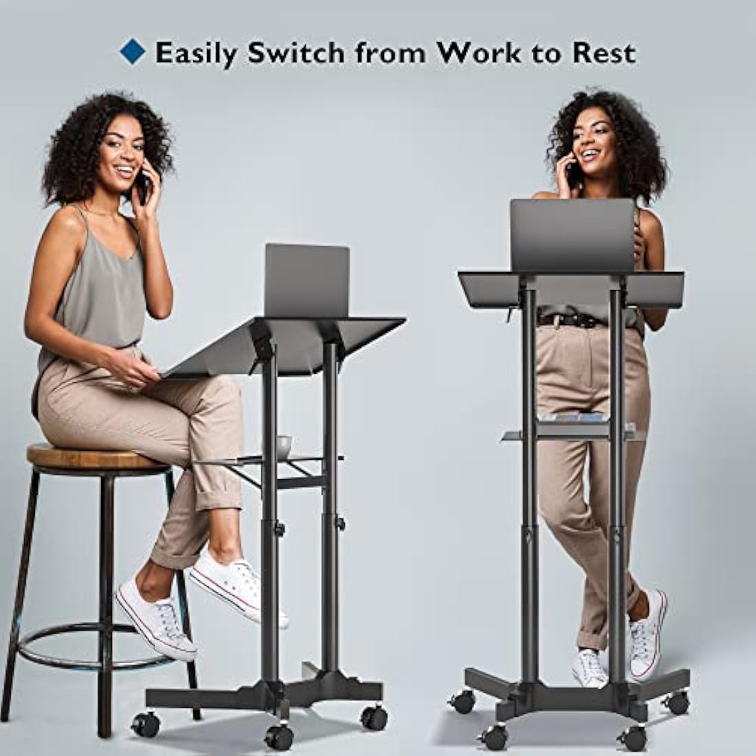 BONTEC Adjustable Mobile Laptop Desk, Rolling Stand-Up Desk with Wheels, 60x40 cm Height Adjustable, Portable Podium, Ergonomic Tilted Top Platform, Mobile Workstation for Home Office
