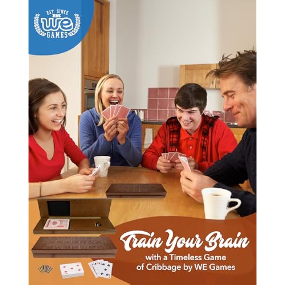 WE Games Cribbage Board With Pegs - Travel Board with 9 Metal Pegs & Playing Cards for Fun Family Game Night, Walnut Stained