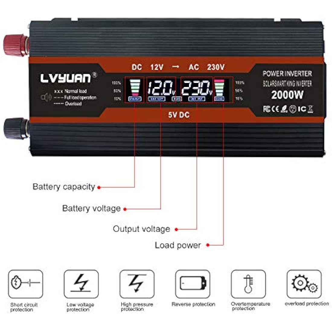 Cantonape 1000W Power Inverter DC 12V to 230V 240V AC Car Converter 12V Inverter with 12v Cigarette Lighter, 2 USB, universal Sockets Car Adapter and LCD Display, (peak 2000W<10ms)