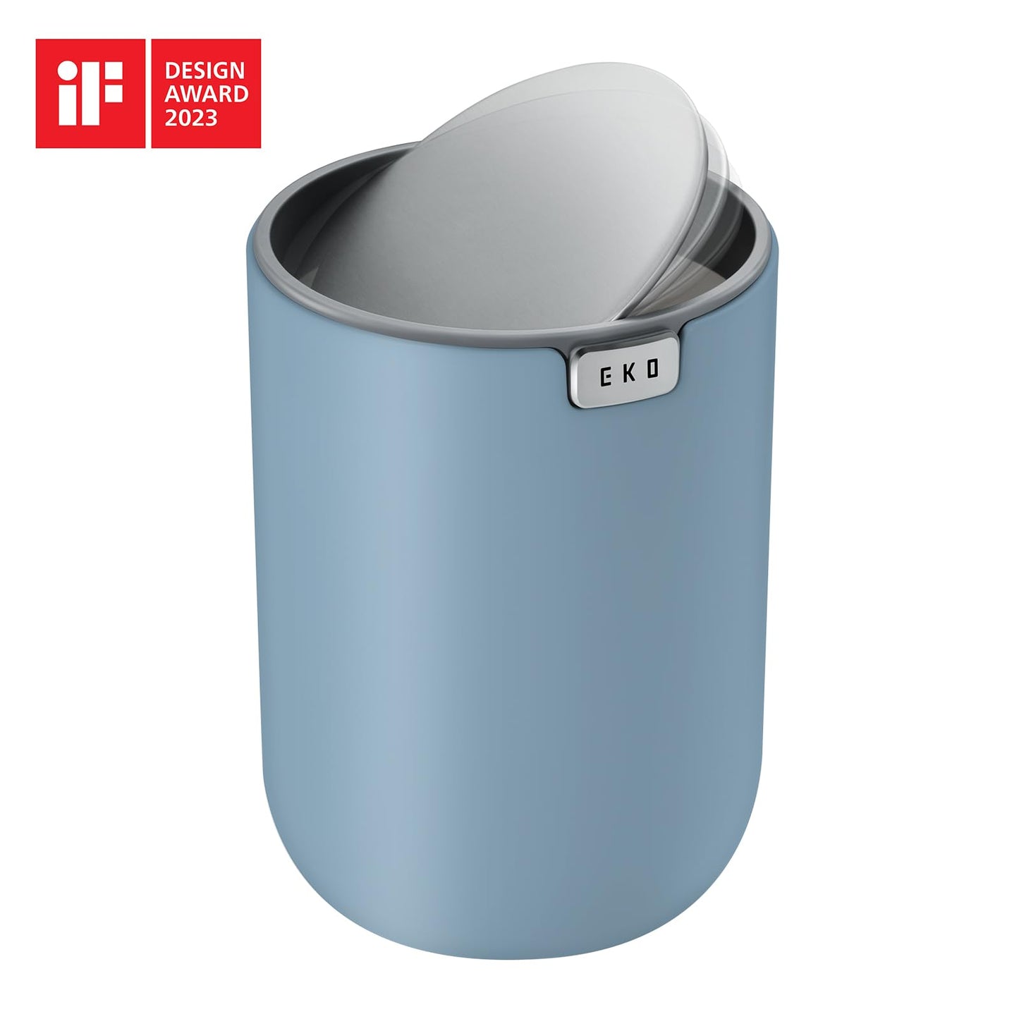 EKO Mini Desk Trash Can with Swing-Top Lid 0.4 Gallon Small Table Round Wastebasket for Office, Home, Car (Blue)