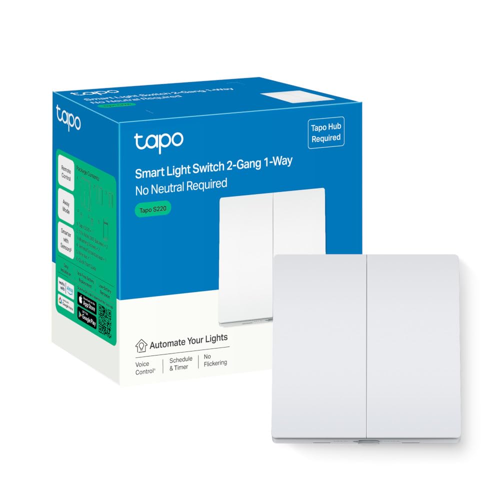 Tapo S220 Smart Light Switch 2 Gang 1 Way, Remote Control Smart Switch, Voice Control, Away Mode, No Neutral Needed, Battery included, Alexa Light