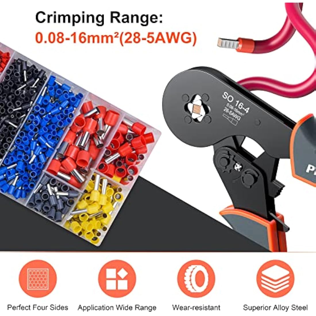 Bootlace Ferrule Crimping Tool, Preciva 0.08-16mm²/AWG 28-5 Ferrule Crimper-Tool with 1200pcs Ferrules, Self-Adjsutable Ratchet Wire Crimping-Tool,Wire Terminal Device Set