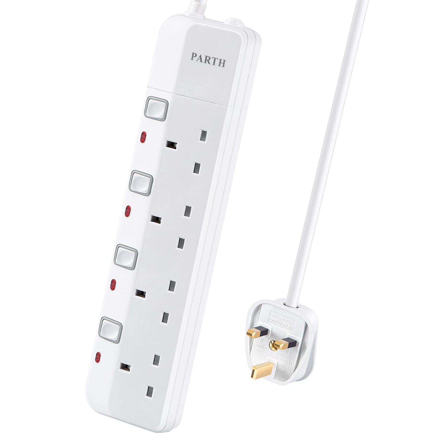 PARTH 4 Way Protected Extension Lead with Individual Switches 2m Long Cable Safety Wall Mounted Extension Cord for UK Plugs 3250w 13Amp Multi Sockets