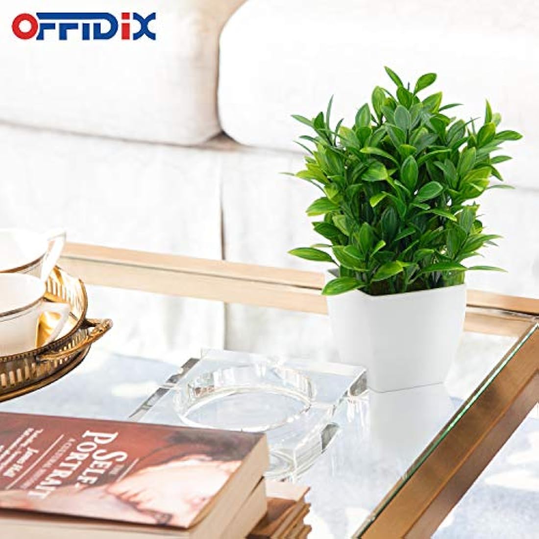 OFFIDIX Artificial Plants Mini Plastic Eucalyptus with Square Vase for Office desk, Home Faux Plastic Plants Fake Plant with Plastic Pots for Home Decoration