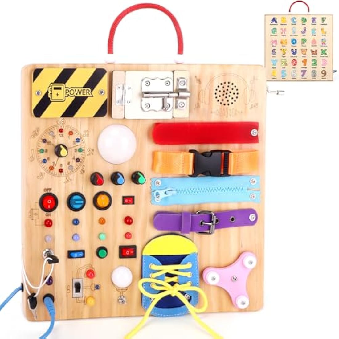 Konijiwa 23 in 1 Toddler Toys Montessori Busy Board for 1 2 3 Year old Boys Girls Wooden Toys with With 15 Switches, 26 LED Lights Switch, Music boxes, zippers Sensory Learning Toys