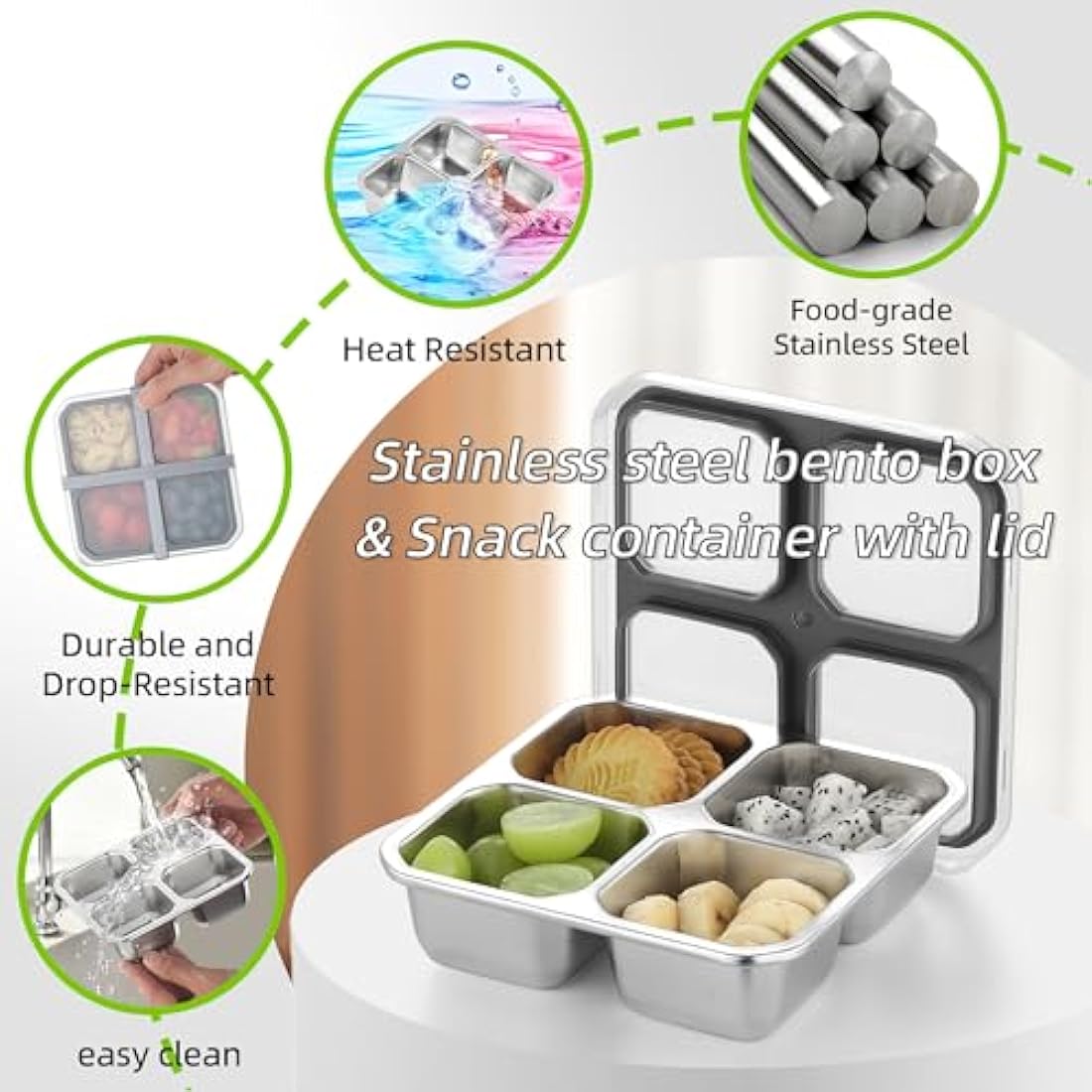 Misichao Stainless Steel Snack Boxes with 4 Compartments | Reusable Snack Containers Small Bento Lunch Box for Kids Adults Divided Meal Prep Containers for School Work and Travel 4 Pack (Grey-4)