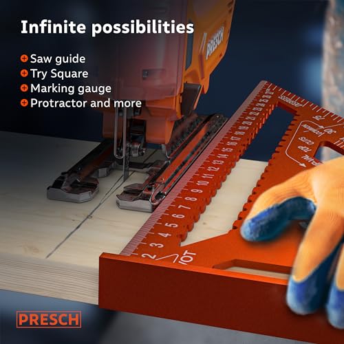 Presch Carpenters Square Set | 180mm & 300mm | Innovative wipeable note surface | Smart drilling guide for exact diameters | High-precision milled aluminum for permanently accurate 90° angles