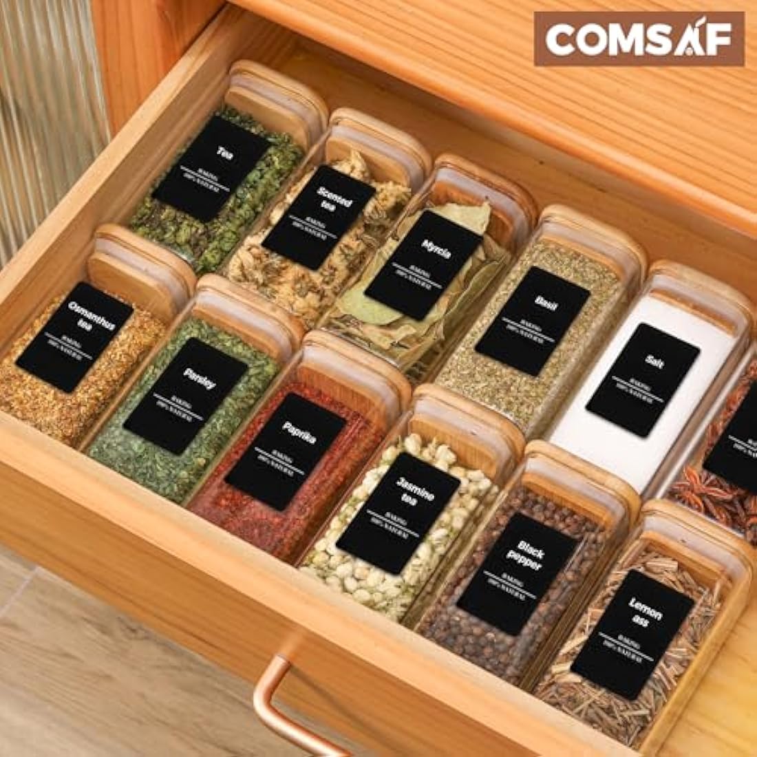 ComSaf 16Pcs Glass Spice Jars with Bamboo Lid, 10oz/300ml Airtight Square Containers with 275 Black Lables, Empty Seasoning Jars for Spice Salt Sugar