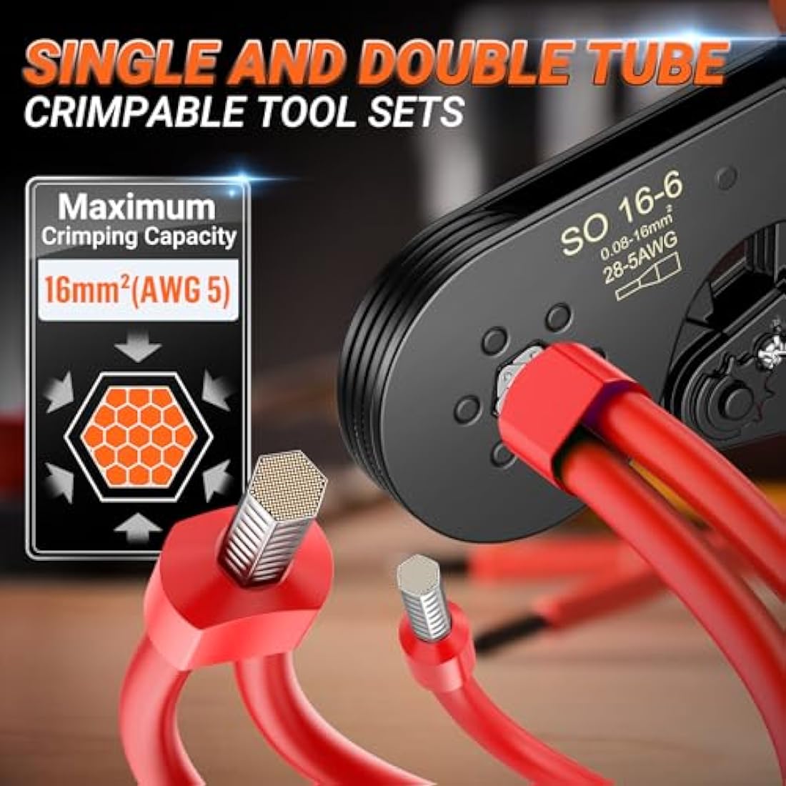 Preciva 0.08-16mm²/AWG 28-5 Crimping Tools, Wire Crimping Tool, Self-Adjsutable Ratchet Crimping Pliers, 16mm Bootlace Ferrule Crimping Tool, Gray&Orange (6 Side with Ferrules(0.08-16mm²))