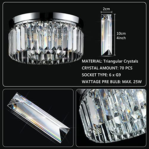 Rayofly Modern Crystal Chandeliers Ceiling Lights, 2-Tiers Crystal Flush Ceiling Lights, Chrome, 6-Lights G9, Elegant Glass Crystal Chandelier Lamps for Living Room, Hall, Bathroom, Bedroom, Foyer