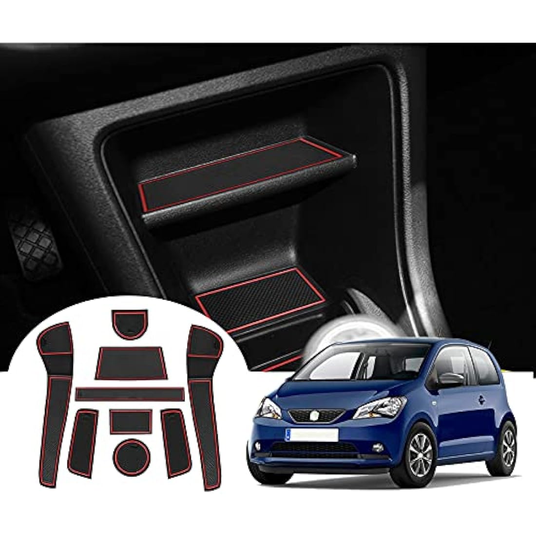 Gafat V W Up/Skoda Citigo 2013-2023 Non-Slip Centre Console & Door Seam Rubber Mats, Cup Holder & Storage Box Mat (Red)
