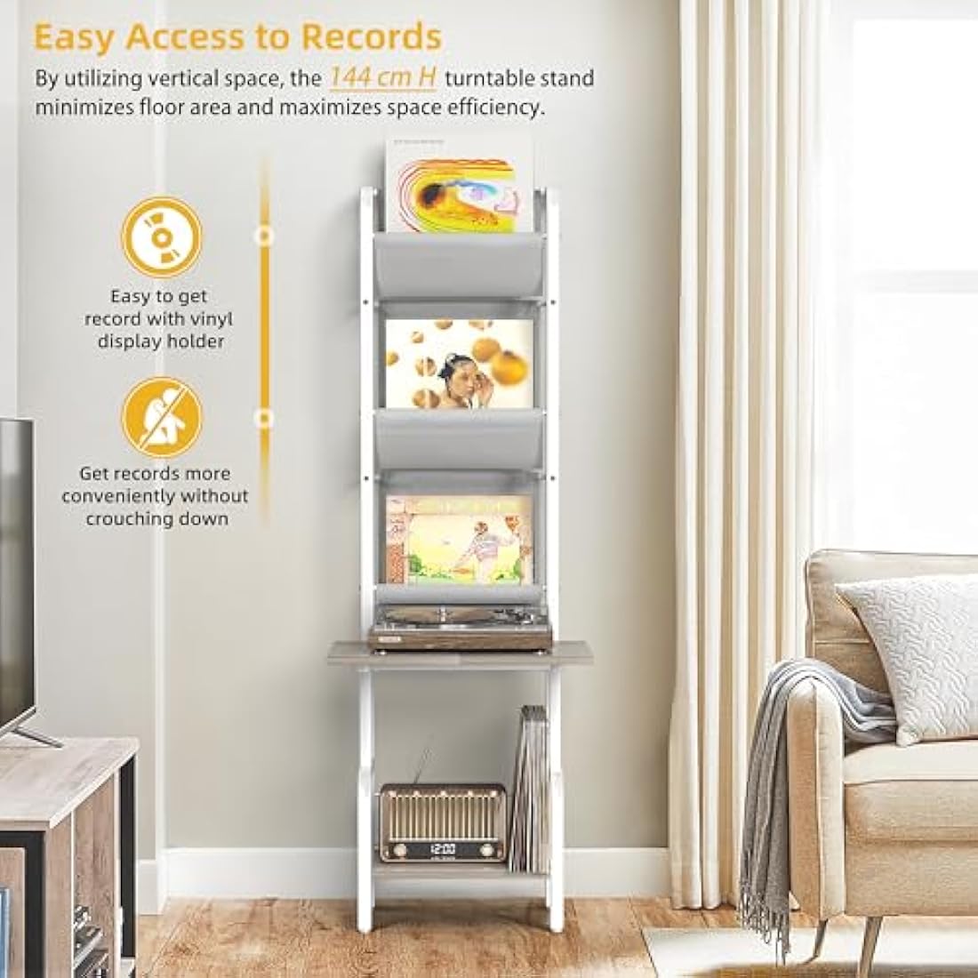 Bikoney Vinyl Record Storage with Player Stand, Turntable Stand and Display Shelf for Up to 200 Albums, Vinyl Record Holder Cabinet with Wall Mount for Living Room or Bedroom White