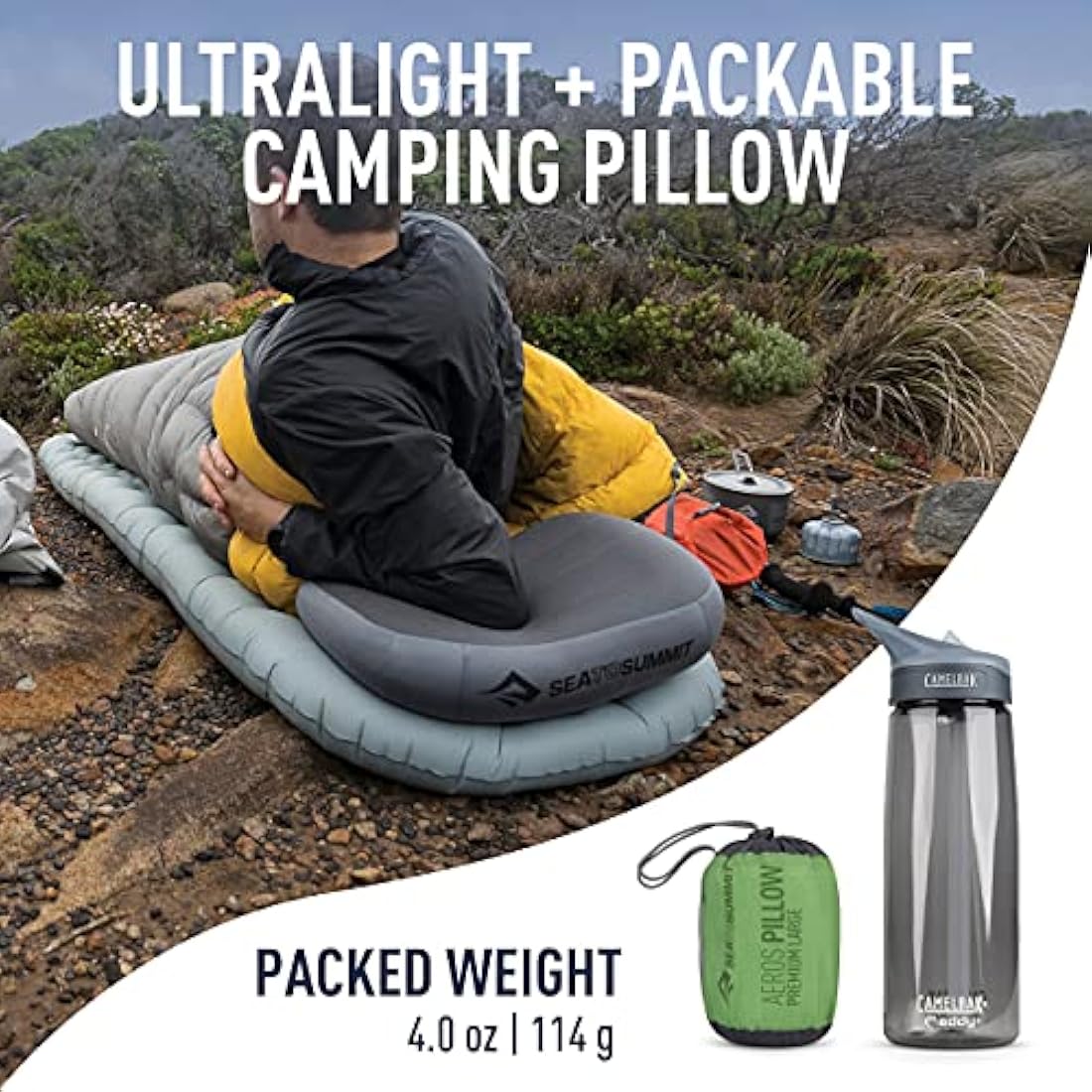 Sea to Summit - Aeros Premium Pillow L - Inflatable Travel Pillow - Soft & Comfy Brushed 50D Polyester - Lock System - Ultra-Sil Stuff Sack - For Backpacking - 42 x 30 x 13cm - Lime Gree - 114g