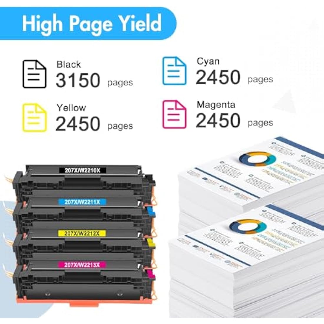 4-Pack 207X 207A Toner Cartridges Multipack Compatible for HP 207X 207A Color Laserjet Pro MFP M283fdw M255dw M282nw M283fdn M255nw W2210X W2211X W2212X W2213X - Black Cyan Yellow Magenta