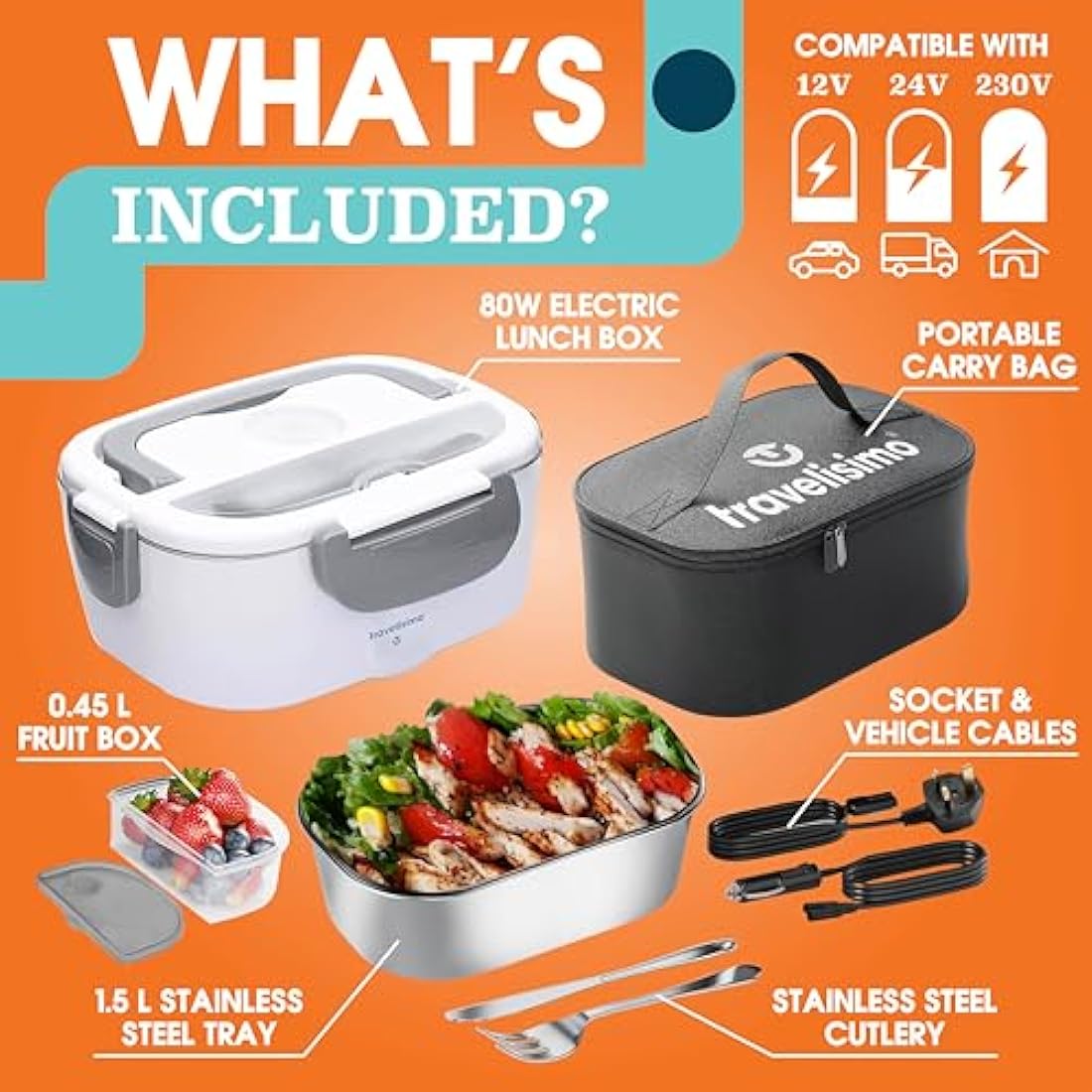 TRAVELISIMO Heated Lunch Box 80W Electric Lunch Box Food Heater 1.5L Portable Food Warmer for Travel & Office, 12V/24V/230V Heated Lunch Boxes for Adults, Stainless Steel Truck & Car Electric Lunchbox
