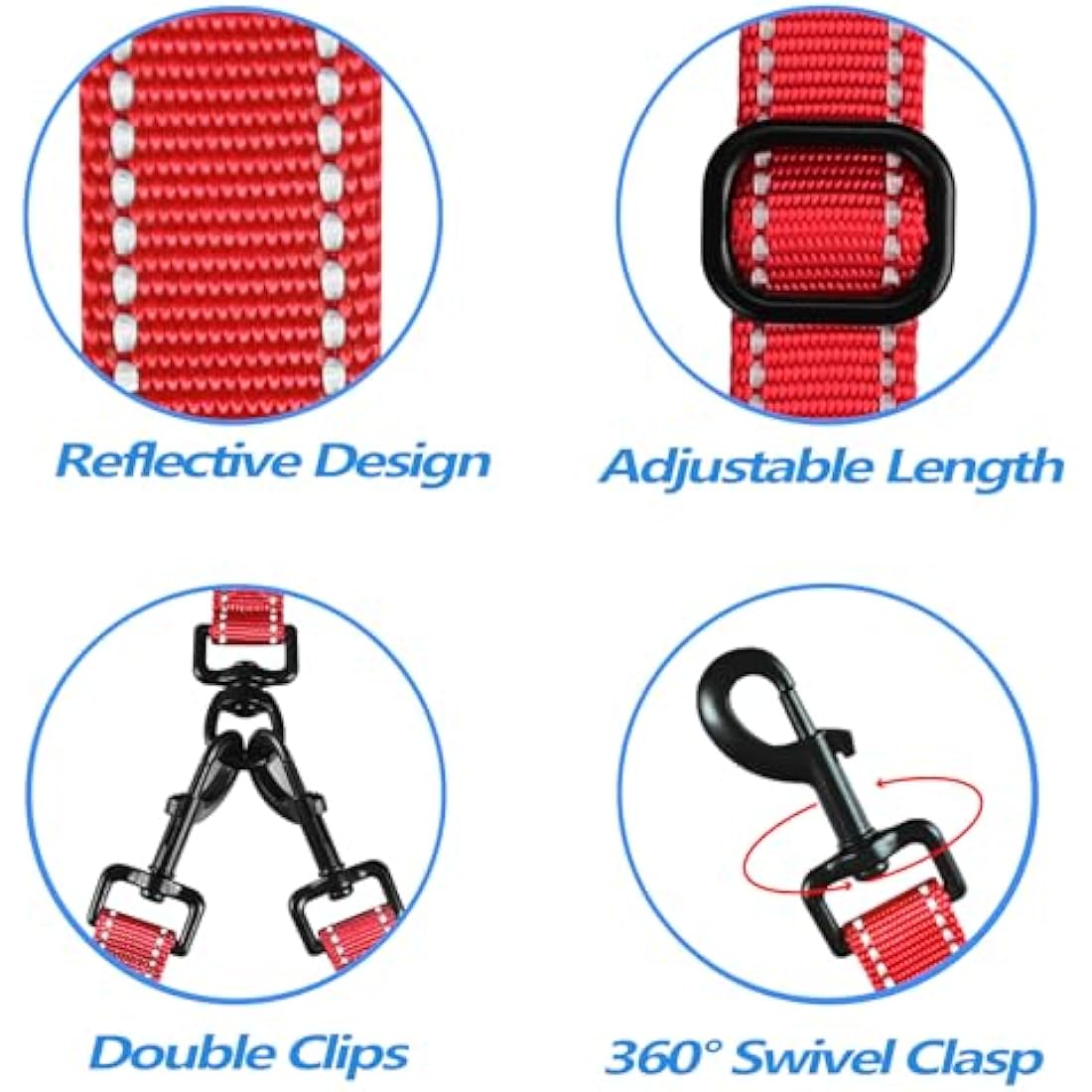 PetBonus Double Dog Leash, No Tangle Dual Leash, Reflective Walking Training Lead, 4 Comfortable Padded Handles for 2 Dogs with Collapsible Bowl and Waste Bags (Red, Large)