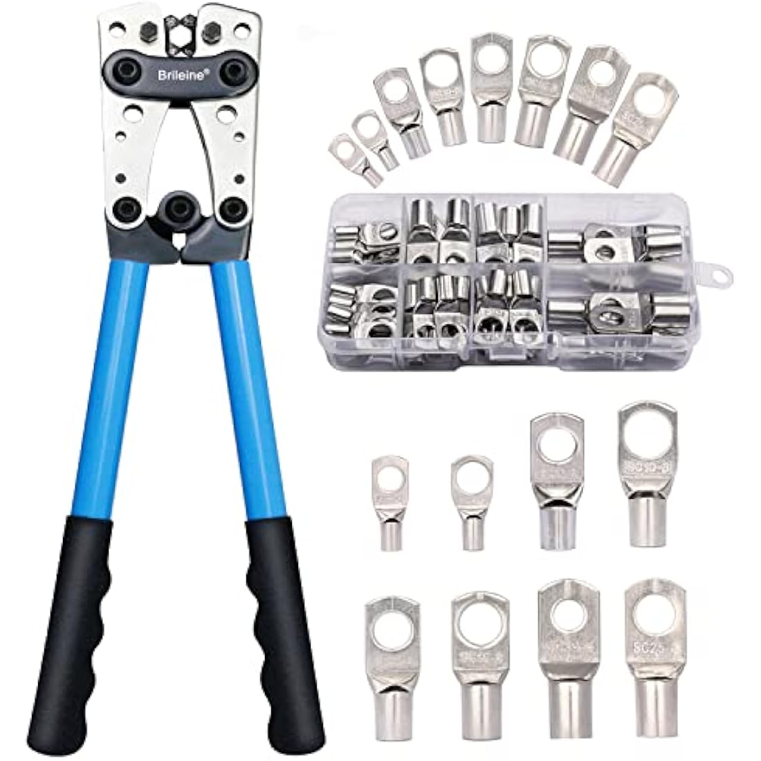 Brileine Battery Cable Crimping Tool Kit from AWG 1/0-8 with 60PCS Copper Ring Terminals 8 Sizes Battery Cable Lug Crimper for Heavy Duty Wire Lugs, Battery Terminal, Copper Lugs(Set Blue)