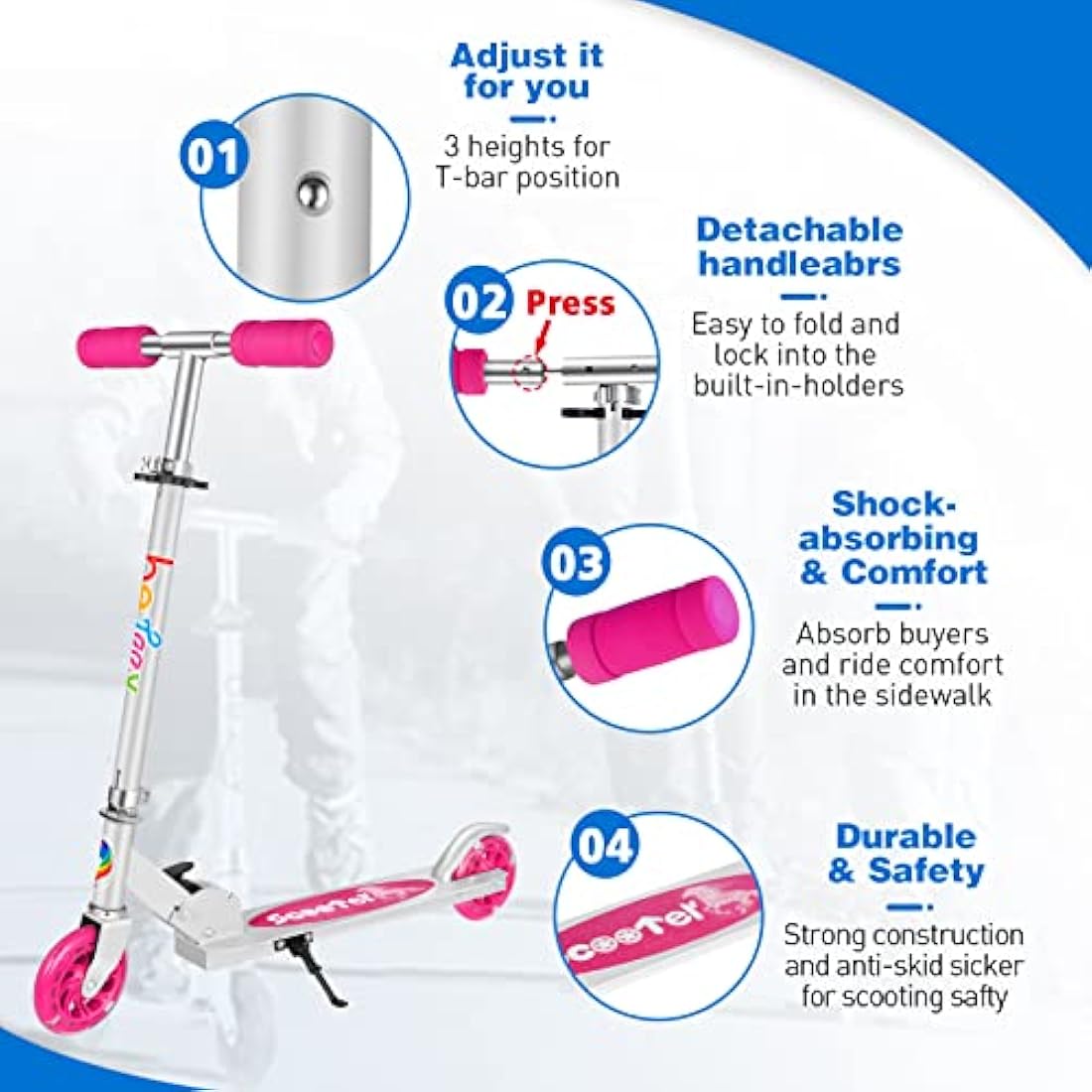BELEEV V1 Scooter for Kids, 2 Wheels Folding Kick Scooter for Children Girl and Boys, 3 Adjustable Height, Flashing Light up Wheels, Lightweight Scooter with Sturdy Frame, Kickstand, Age 3-12