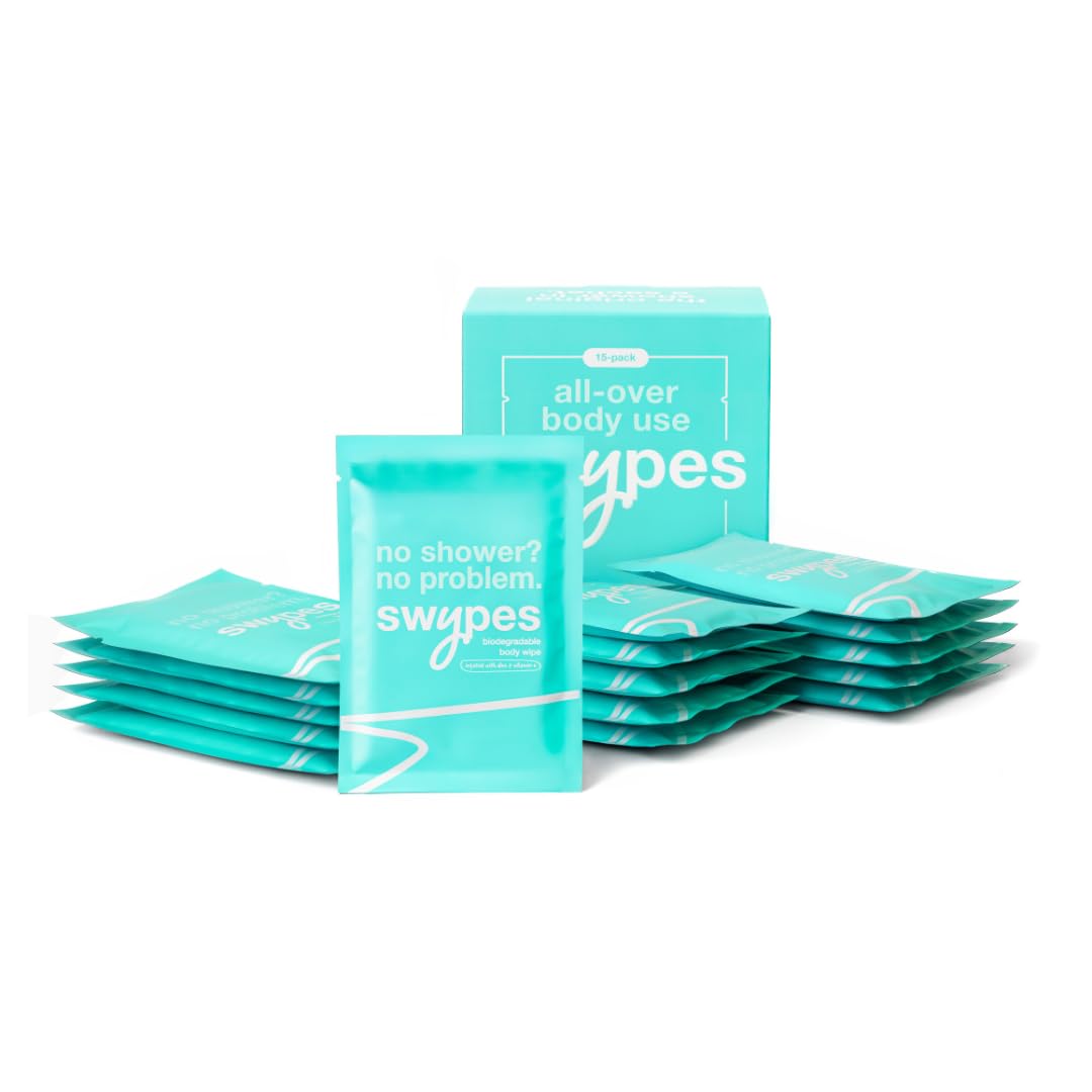 Swypes Large Body Wipes for Adults No Shower - 15 Pack Shower Wipes, 100% Biodegradable Dual-Sided Cleansing Wet Wipes for Adults with Vitamin E for